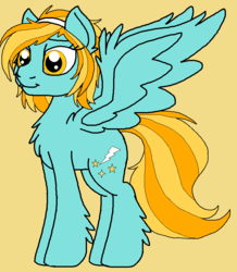 Size: 752x864 | Tagged: safe, artist:rosefang16, lightning dust, pegasus, pony, g4, alternate hairstyle, alternate universe, chest fluff, female, headband, leg fluff, mare, simple background, solo, spread wings, wing fluff, wings, yellow background