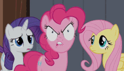 Size: 435x250 | Tagged: safe, edit, edited screencap, screencap, fluttershy, pinkie pie, rarity, earth pony, pegasus, pony, unicorn, g4, the last roundup, angry, angry pie, animated, dragon ball, dragon ball z, ear steam, female, gif, mare, pinkie promise, rage, super saiyan