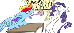 Size: 666x303 | Tagged: safe, artist:bebbies, artist:grixxynix, artist:the-doodle-queen, rainbow dash, rarity, pegasus, pony, unicorn, g4, disgusted, duo, female, floppy ears, food, long tongue, mare, simple background, speech, speech bubble, tongue out, white background