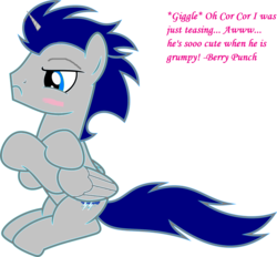 Size: 1600x1482 | Tagged: safe, artist:corang15, oc, oc only, oc:cory mainesly, alicorn, pony, alicorn oc, cute, description needs paragraph breaks, fanfic, implied berry punch, male, male alicorn, male alicorn oc, pouting, short story, solo, teasing