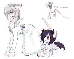 Size: 1680x1344 | Tagged: safe, artist:crossazaphael, oc, oc only, original species, pony, clothes, duo, foal, horns, lab coat, limited color, mask, open mouth, simple background, sketch, smiling, soft color, surgical mask, syringe, walking, white background