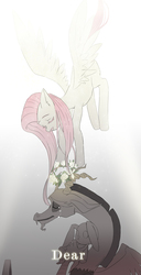 Size: 2074x4056 | Tagged: dead source, safe, artist:sadistjolt, discord, fluttershy, draconequus, pegasus, pony, rabbit, g4, crying, eyes closed, female, flower, male, mare, ship:discoshy, shipping, straight, wings