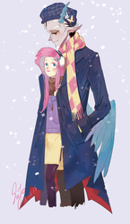 Size: 1831x3152 | Tagged: dead source, safe, artist:sadistjolt, discord, fluttershy, human, g4, clothes, earmuffs, female, humanized, jacket, male, pants, pony ears, scarf, ship:discoshy, shipping, snow, straight, tights