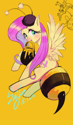 Size: 1831x3130 | Tagged: dead source, safe, artist:sadistjolt, discord, fluttershy, draconequus, pegasus, pony, g4, animal costume, bee costume, clothes, costume, cute, female, flutterbee, food, honey, mare, shyabetes