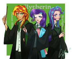 Size: 2987x2480 | Tagged: dead source, safe, artist:sadistjolt, rarity, starlight glimmer, sunset shimmer, human, equestria girls, g4, clothes, crossover, harry potter (series), high res, humanized, looking at you, one eye closed, signature, slytherin