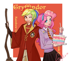 Size: 2987x2480 | Tagged: dead source, safe, artist:sadistjolt, pinkie pie, rainbow dash, human, g4, clothes, duo, female, gryffindor, harry potter (series), high res, humanized, lesbian, looking at you, one eye closed, open mouth, ship:pinkiedash, shipping