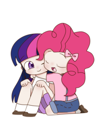 Size: 2000x2500 | Tagged: dead source, safe, artist:只是一只碧猫姊, pinkie pie, twilight sparkle, human, g4, bow, clothes, cute, denim shorts, duo, eyes closed, female, high res, humanized, one eye closed, shirt, shoes, shorts, simple background, skirt, socks, suspenders, white background, wink, younger