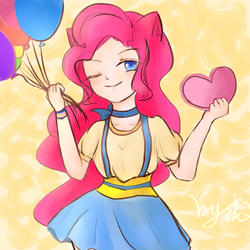 Size: 1024x1024 | Tagged: dead source, safe, artist:花悦泷, pinkie pie, human, g4, balloon, clothes, cute, eared humanization, female, heart, humanized, one eye closed, shirt, skirt, solo, suspenders, wink