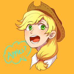 Size: 570x570 | Tagged: dead source, safe, artist:帅比的页纸桑, applejack, human, g4, cowboy hat, female, hat, humanized, open mouth, orange background, simple background, solo, speech bubble