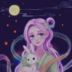 Size: 512x512 | Tagged: dead source, safe, artist:vivid_unicorn, angel bunny, fluttershy, human, g4, female, humanized, moon