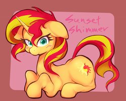 Size: 1982x1584 | Tagged: safe, artist:noupu, sunset shimmer, pony, unicorn, g4, blushing, female, floppy ears, looking at you, lying down, mare, prone, solo