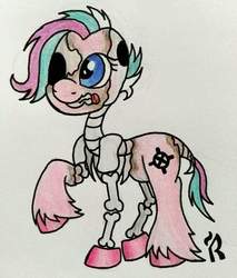 Size: 816x960 | Tagged: safe, artist:dawn-designs-art, oc, oc only, pony, undead, zombie, zombie pony, blind eye, blue eyes, bone, colored hooves, colored pencil drawing, cute, hooves, multicolored hair, pink coat, rotting flesh, skeleton, solo, traditional art, unshorn fetlocks
