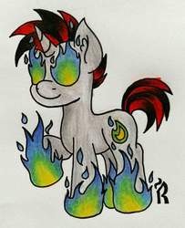 Size: 778x960 | Tagged: safe, artist:dawn-designs-art, oc, oc only, fire pony, pony, unicorn, black and red mane, black mane, fire, flaming eyes, gray coat, green fire, on fire, red mane, solo