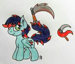 Size: 960x818 | Tagged: safe, artist:dawn-designs-art, oc, oc only, pegasus, pony, green eyes, mint coat, navy mane, red mane, scythe, solo, weapon, weapon tail pony