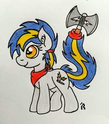 Size: 846x960 | Tagged: safe, artist:dawn-designs-art, oc, oc only, pony, axe, bandana, battle axe, blue mane, gray coat, multicolored mane, orange eyes, pigtails, solo, weapon, weapon tail pony