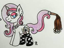 Size: 960x729 | Tagged: safe, artist:dawn-designs-art, oc, oc only, pony, unicorn, bedroom eyes, blue eyes, cat'o'ninetails, clothes, ear piercing, earring, eyeshadow, flail, jewelry, makeup, necklace, piercing, purple mane, ribbon, shoes, solo, weapon, weapon tail pony, whip, white coat