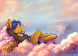 Size: 1424x1024 | Tagged: safe, artist:teichi, oc, oc only, oc:crushingvictory, pegasus, pony, butt fluff, clothes, cloud, eyes closed, fluffy, hooves behind head, jacket, leather jacket, male, on back, relaxing, smiling, solo, spread wings, stallion, wings