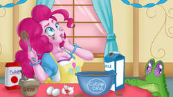 Size: 1192x670 | Tagged: safe, artist:cutydina, gummy, pinkie pie, equestria girls, g4, egg, flour, food, milk, sugar (food)