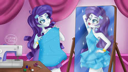 Size: 1280x720 | Tagged: safe, artist:cutydina, rarity, equestria girls, g4, armpits, clothes, dress, fall formal outfits, female, illusion, imagination, mirror, one eye closed, reflection, scissors, sewing machine, solo, wink
