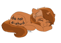 Size: 4960x3508 | Tagged: safe, artist:pucksterv, oc, oc only, oc:sign, pony, unicorn, body writing, commission, cute, do not disturb, ear fluff, eyes closed, female, floppy ears, freckles, leg fluff, mare, ocbetes, prone, simple background, sleeping, smiling, solo, transparent background