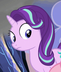 Size: 413x483 | Tagged: safe, screencap, pinkie pie, starlight glimmer, pony, unicorn, every little thing she does, g4, season 6, :o, animated, cute, female, gif, glimmerbetes, mare, open mouth, solo focus, surprised