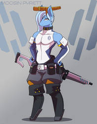 Size: 792x1009 | Tagged: safe, artist:mopyr, oc, oc only, oc:moosin, anthro, boots, clothes, collar, fantasy, femboy, gloves, gun, horn, long gloves, male, outfit, pouch, samurai punk, science fiction, shoes, skintight clothes, solo, story included, weapon