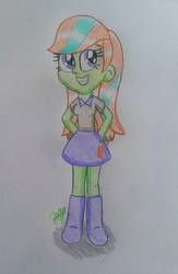 Size: 1008x1545 | Tagged: safe, artist:prinrue, oc, oc only, oc:starshine note, human, equestria girls, g4, boots, clothes, cute, equestria girls-ified, female, hand on hip, miniskirt, shoes, skirt, smiling, traditional art