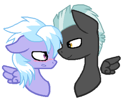 Size: 368x298 | Tagged: safe, artist:junetheicecat, cloudchaser, thunderlane, pegasus, pony, g4, blushing, bust, female, floating wings, lidded eyes, looking at each other, male, mare, open mouth, portrait, ship:thunderchaser, shipping, simple background, smiling, stallion, straight, white background, wings