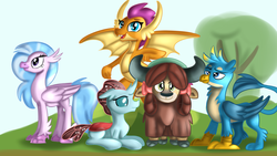 Size: 1280x720 | Tagged: safe, artist:jbond, gallus, ocellus, silverstream, smolder, yona, changedling, changeling, classical hippogriff, dragon, griffon, hippogriff, yak, g4, bow, dragoness, female, hair bow, jewelry, male, monkey swings, necklace, teenager, tree