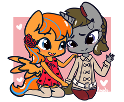 Size: 1212x995 | Tagged: safe, artist:lilliesinthegarden, oc, oc:cold front, oc:disty, pegasus, unicorn, anthro, belt, bow, chibi, clothes, crossdressing, cute, dress, ear piercing, earring, femboy, flower, flower in hair, garter belt, garters, gay, heart, heart eyes, holding hands, holiday, jewelry, looking at each other, male, piercing, stockings, thigh highs, valentine's day, wingding eyes