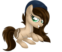 Size: 1024x854 | Tagged: safe, artist:crystal-tranquility, oc, oc only, oc:macadamia, earth pony, pony, beanie, brown hair, brown mane, brown tail, eyelashes, female, freckles, green eyes, hat, mare, open mouth, simple background, smiling, smirk, solo, teeth, transparent background