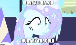 Size: 827x500 | Tagged: safe, artist:calypsofantasy, edit, edited screencap, screencap, fluttershy, pony, ail-icorn, g4, interseason shorts, caption, female, fluttercold, freezing, image macro, imgflip, my friends, red hot chili peppers, solo, song reference, text, wide eyes