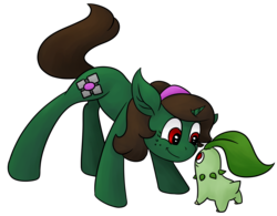 Size: 3376x2638 | Tagged: safe, artist:marly-kaxon, oc, oc only, oc:nahuelina, chikorita, pony, unicorn, female, freckles, headband, high res, kneeling, looking at each other, mare, pokémon, simple background, smiling, transparent background