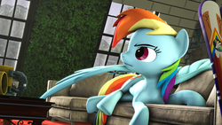 Size: 3840x2160 | Tagged: safe, artist:whiteskyline, rainbow dash, pegasus, pony, g4, 3d, couch, frown, high res, nose wrinkle, skis, solo, source filmmaker