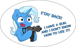 Size: 7237x4514 | Tagged: safe, artist:ljdamz1119, trixie, pony, unicorn, g4, absurd resolution, female, frown, gun, hoof hold, irony, mac-10, machine pistol, mare, nervous, open mouth, scared, simple background, solo, speech, text, this will end in death, this will end in pain, this will end well, this will not end well, transparent background, wat, weapon, wide eyes