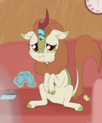 Size: 1395x1674 | Tagged: safe, artist:dusthiel, autumn blaze, kirin, g4, sounds of silence, clock, controller, couch, female, smiling, solo