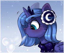 Size: 3000x2500 | Tagged: dead source, safe, artist:trickate, princess luna, alicorn, pony, g4, blushing, breath, bust, cheek fluff, clothes, cute, earmuffs, female, filly, high res, horn, jewelry, lunabetes, mare, portrait, profile, regalia, scarf, snow, solo, tiara, winter, woona, younger