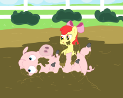 Size: 2000x1600 | Tagged: safe, artist:amateur-draw, apple bloom, pig, pony, g4, chinese new year, cute, female, fence, filly, messy, mud, muddy, pig pen, wet and messy, year of the pig