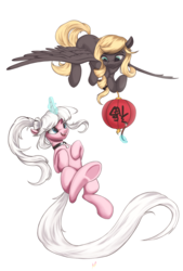 Size: 2128x3142 | Tagged: safe, artist:fluttersheeeee, oc, oc only, pegasus, pony, unicorn, chinese new year, female, high res, mare, smiling