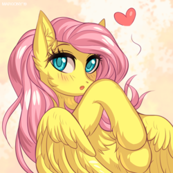 Size: 900x900 | Tagged: safe, artist:margony, fluttershy, pegasus, pony, g4, blushing, chest fluff, cute, female, heart, looking at you, mare, open mouth, shyabetes, solo