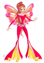 Size: 2480x3600 | Tagged: safe, artist:ilaria122, sunset shimmer, fairy, human, equestria girls, g4, alternate hairstyle, barely eqg related, clothes, crossover, ear piercing, earring, fairy wings, fairyized, female, flower, high heels, high res, humanized, jewelry, onyrix, piercing, ponytail, rainbow s.r.l, shoes, simple background, solo, style emulation, transparent background, winged humanization, wings, winx club, winxified, world of winx