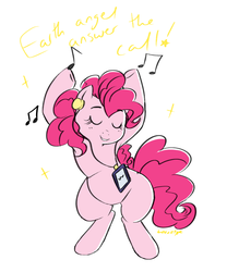 Size: 876x1054 | Tagged: safe, artist:breezietype, pinkie pie, earth pony, pony, g4, bipedal, dancing, death grips, headphones, link in description, mp3 player, music notes, simple background, white background