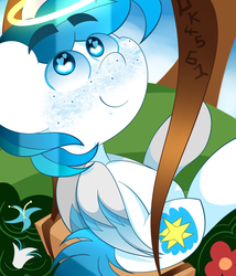 Size: 1500x1750 | Tagged: safe, artist:dannykay4561, oc, oc only, oc:cloud flicker, pegasus, pony, anime eyes, cute, cutie mark, flower, freckles, halo, heart eyes, looking at you, looking back, male, smiling, solo, swing, wingding eyes