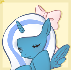 Size: 3541x3469 | Tagged: safe, artist:anime1448, idw, oc, oc only, oc:fleurbelle, alicorn, pony, adorabelle, alicorn oc, bow, cute, eyes closed, female, hair bow, high res, hoof on chin, mare, ribbon, simple background, solo, spread wings, sweet, wings, yellow background