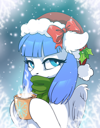 Size: 2741x3500 | Tagged: safe, artist:arctic-fox, oc, oc only, oc:snow pup, pegasus, pony, bow, bust, chocolate, christmas, clothes, food, hat, high res, holding, holiday, holly, hot chocolate, hot drink in cold weather, portrait, santa hat, scarf, snow, solo