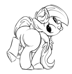 Size: 1529x1589 | Tagged: safe, artist:mulberrytarthorse, oc, oc only, oc:mulberry tart, pony, unicorn, :p, butt, cute, dock, featureless crotch, female, looking back, mare, monochrome, plot, raised leg, raised tail, rear view, silly, simple background, sketch, smiling, solo, tail, the ass was fat, tongue out, underhoof, white background