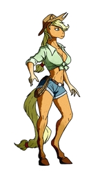 Size: 1185x2000 | Tagged: safe, artist:akweer, applejack, earth pony, anthro, unguligrade anthro, g4, breasts, busty applejack, clothes, cowboy hat, daisy dukes, female, front knot midriff, hat, mare, midriff, shorts, simple background, solo, stetson