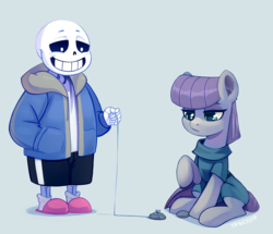 Size: 5648x4856 | Tagged: safe, artist:taneysha, boulder (g4), maud pie, earth pony, pony, g4, absurd resolution, blue background, bone, clothes, crossover, female, hoodie, male, mare, pet rock, raised hoof, sans (undertale), shirt, shorts, signature, simple background, skeleton, slippers, socks, undertale