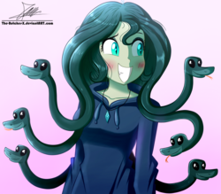 Size: 1220x1070 | Tagged: safe, artist:the-butch-x, oc, oc only, oc:medusa, gorgon, equestria girls, g4, clothes, equestria girls-ified, female, grin, medusa, smiling, solo