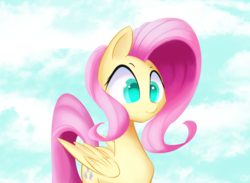 Size: 2935x2143 | Tagged: safe, artist:creepypastapon3, fluttershy, pony, g4, :i, cloud, colored pupils, female, high res, sky, solo